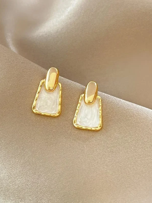 Elegant Gold and White Enamel Drop Earrings