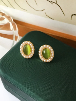 Vintage-Inspired Green Gem and Pearl Oval Earrings