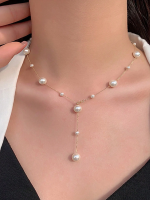 NE-205 Simple Pearl Gold Tassel Y Necklaces