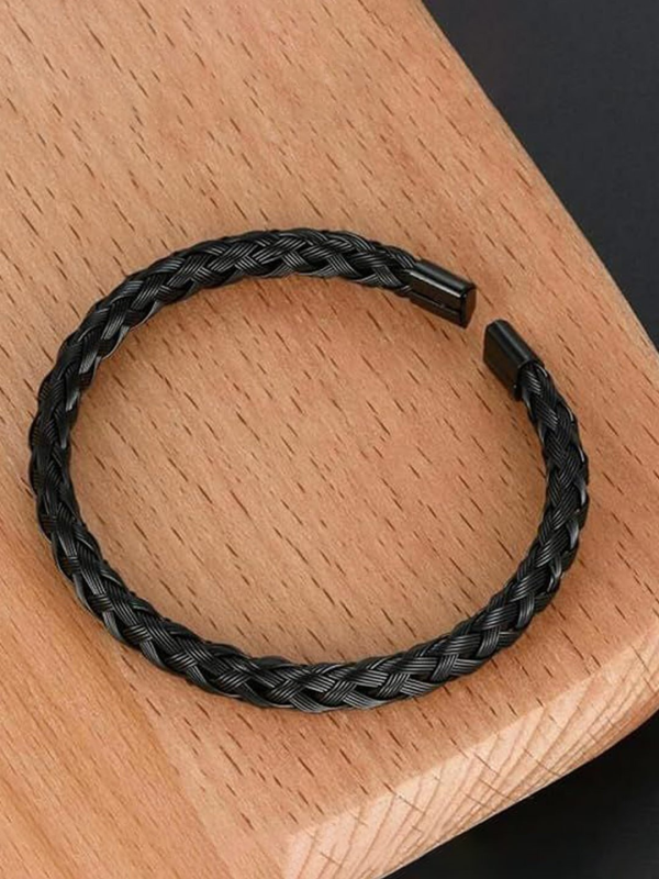 BR-211 Black Cable Wire Cuff Kada Bracelet For Men