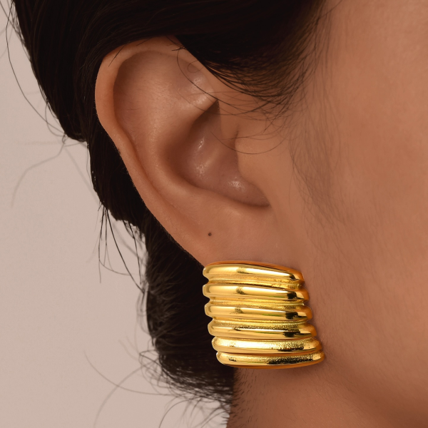 Bold Ribbed Gold Statement Earrings