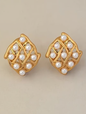 Golden Mesh Pearl Stud Earrings