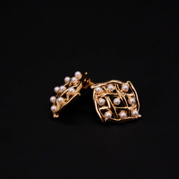 Golden Mesh Pearl Stud Earrings