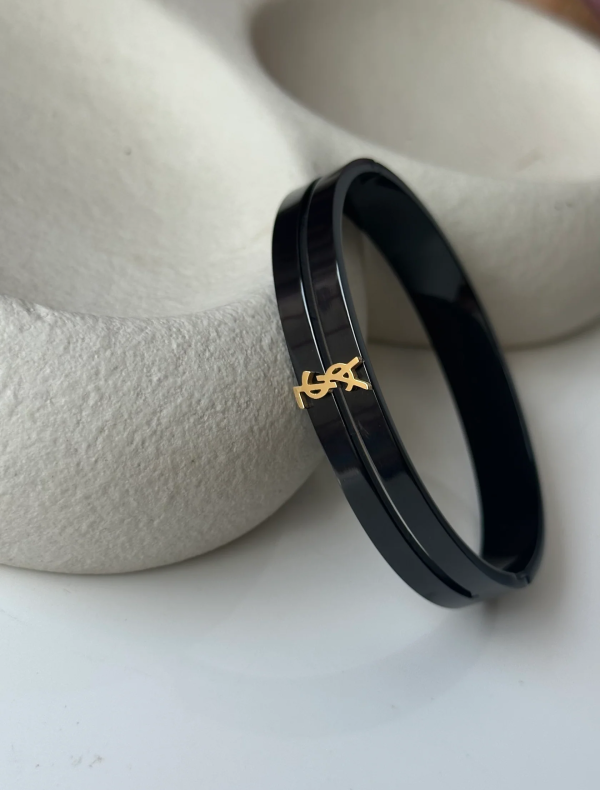 Black Enamel Cuff Bracelet with Gold YSL Monogram