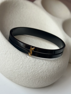 Black Enamel Cuff Bracelet with Gold YSL Monogram
