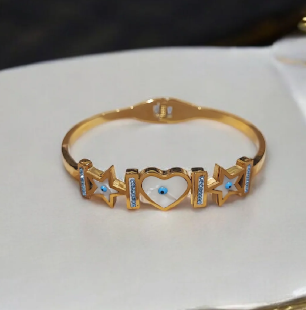 White Shell Heart and Star Shaped Evil Eye Kada Bracelet