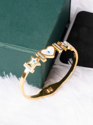 White Shell Heart and Star Shaped Evil Eye Kada Bracelet