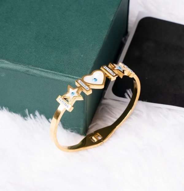White Shell Heart and Star Shaped Evil Eye Kada Bracelet