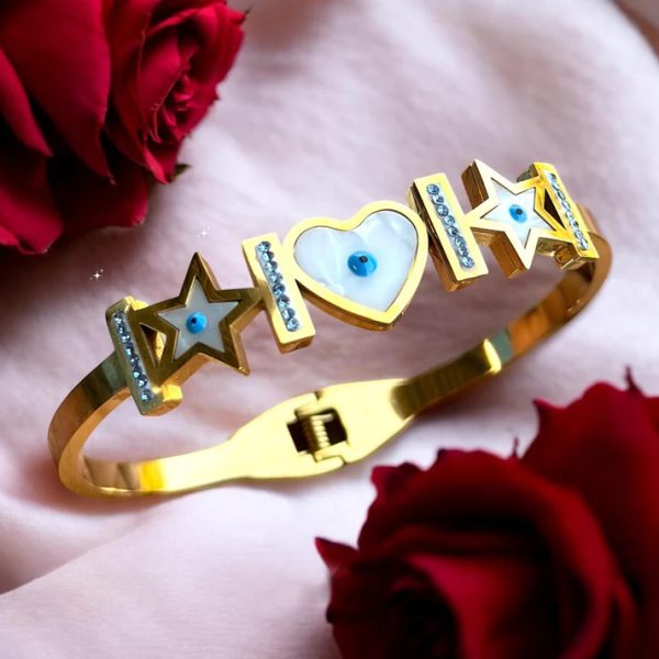 White Shell Heart and Star Shaped Evil Eye Kada Bracelet