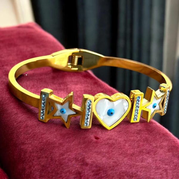 White Shell Heart and Star Shaped Evil Eye Kada Bracelet
