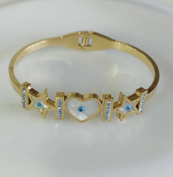 White Shell Heart and Star Shaped Evil Eye Kada Bracelet