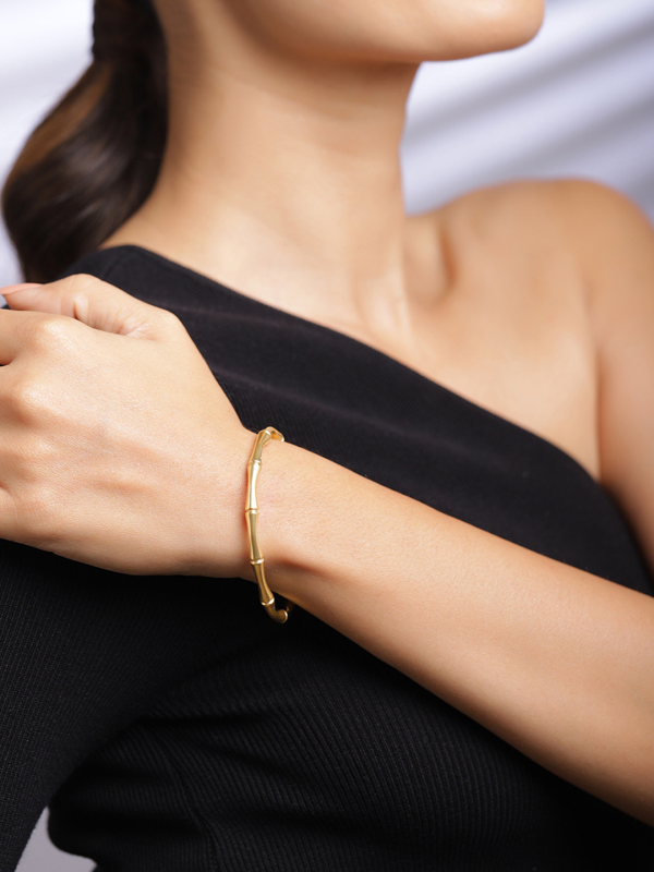 Orbit Bling Anti-Tarnish Gold Bamboo Open Cuff Bracelet