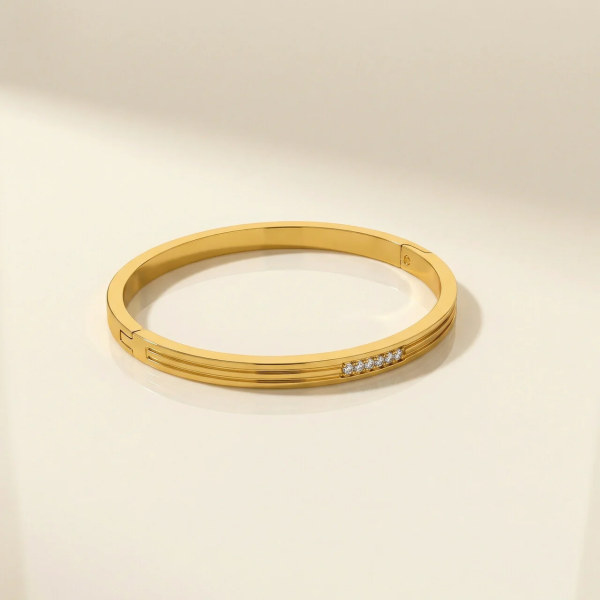 Anti-Tarnish Gold Ridged Bracelet with Crystals
