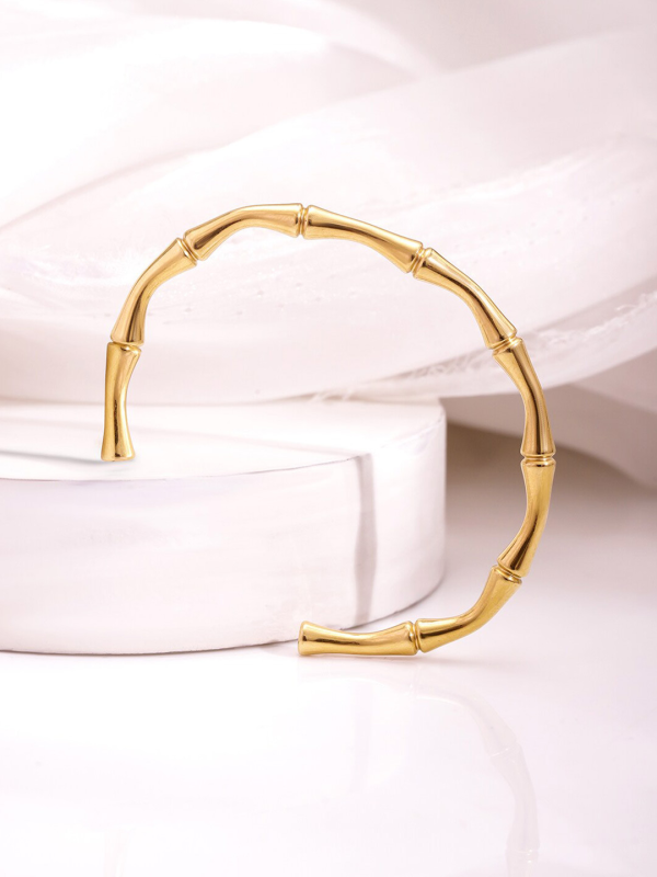 Orbit Bling Anti-Tarnish Gold Bamboo Open Cuff Bracelet