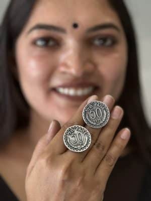 Vintage 50 Paise Coin Stud Earrings – Oxidised Silver Statement Earrings for Women
