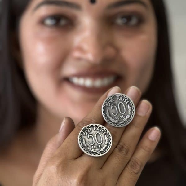 Vintage 50 Paise Coin Stud Earrings – Oxidised Silver Statement Earrings for Women