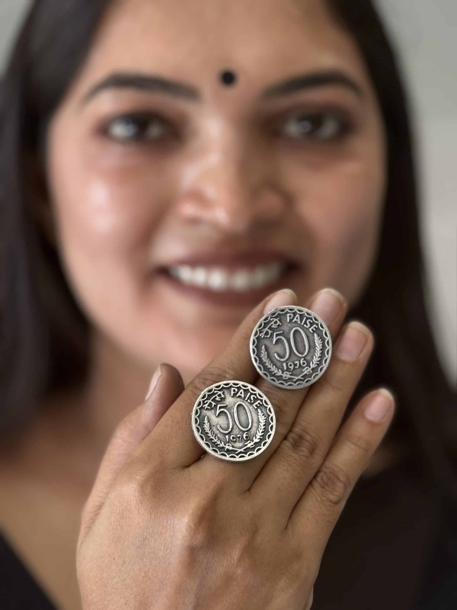 Vintage 50 Paise Coin Stud Earrings – Oxidised Silver Statement Earrings for Women