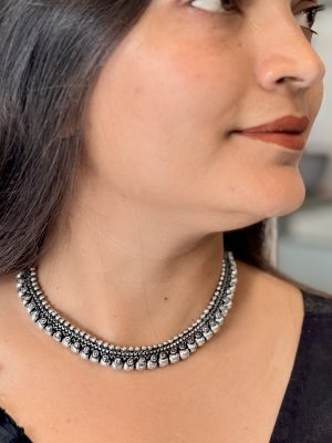 Oxidised Silver Dual-Layer Ghungroo Choker Necklace for Women