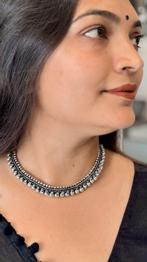 Oxidised Silver Dual-Layer Ghungroo Choker Necklace for Women