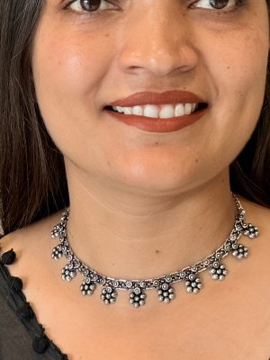 Oxidised Silver Floral Ghungroo Choker Necklace for Women