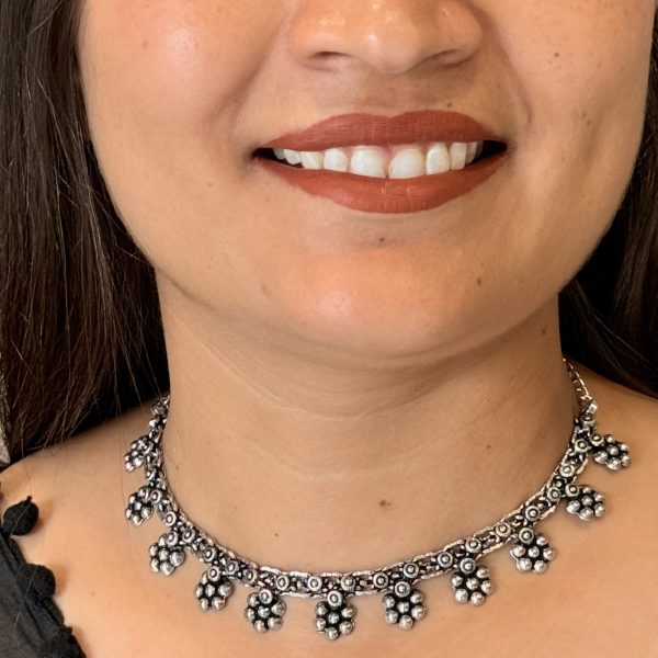 Oxidised Silver Floral Ghungroo Choker Necklace for Women