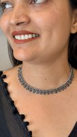 Oxidised Silver Dual-Layer Floral Charm Choker Necklace for Women