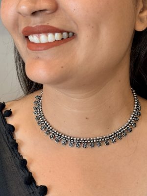 Oxidised Silver Dual-Layer Floral Charm Choker Necklace for Women