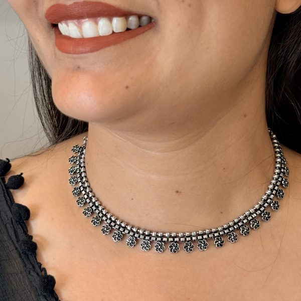 Oxidised Silver Dual-Layer Floral Charm Choker Necklace for Women