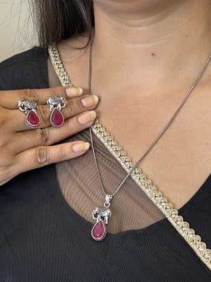 Oxidised Silver Elephant Pendant Necklace Set with Ruby Red Stone Earrings for Women