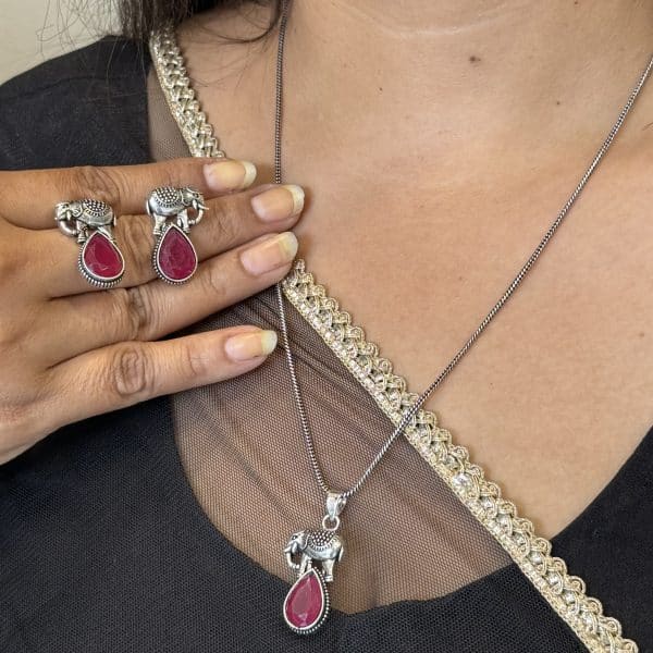 Oxidised Silver Elephant Pendant Necklace Set with Ruby Red Stone Earrings for Women