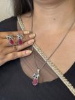 Oxidised Silver Elephant Pendant Necklace Set with Ruby Red Stone Earrings for Women
