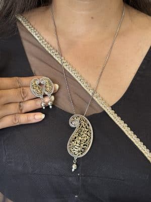 Premium Dual-Tone Paisley Pendant Necklace Set with Matching Earrings for Women