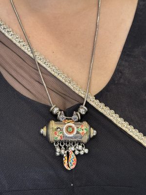 Multicolor Boho Oxidised Silver Pendant Necklace Set with Cowrie Shell Earrings