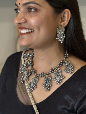 Premium Oxidised Silver Tribal Statement Necklace Set with Ghungroo Earrings for Women