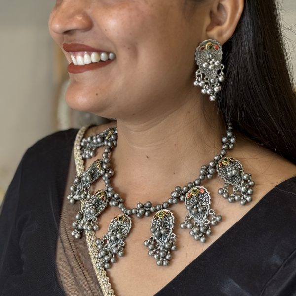 Premium Oxidised Silver Tribal Statement Necklace Set with Ghungroo Earrings for Women