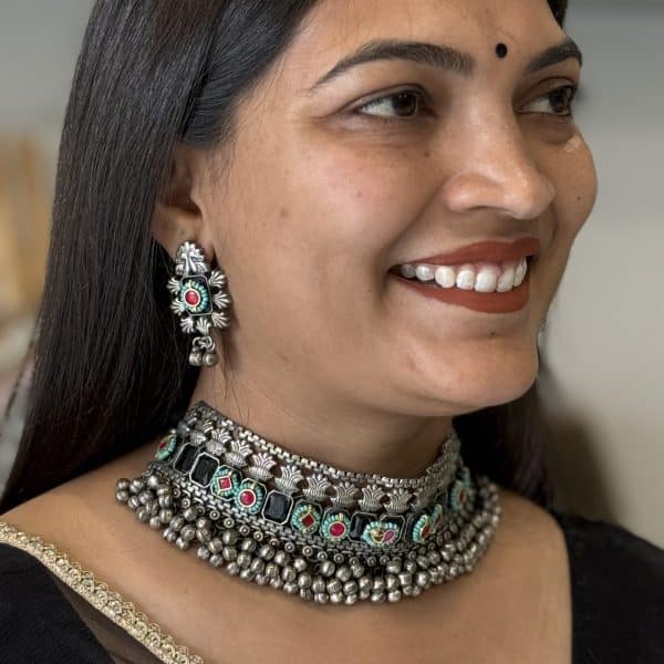 Premium Afghani Oxidised Silver Multicolor Stone Choker Necklace Set with Earrings