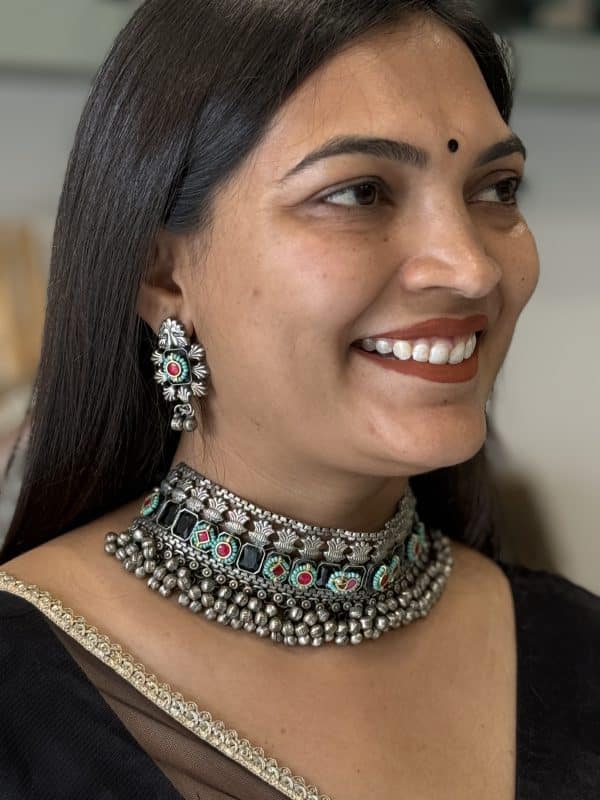 Premium Afghani Oxidised Silver Multicolor Stone Choker Necklace Set with Earrings