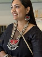 Premium Red Afghani Oxidised Silver Long Necklace Set with Statement Pendant Earrings