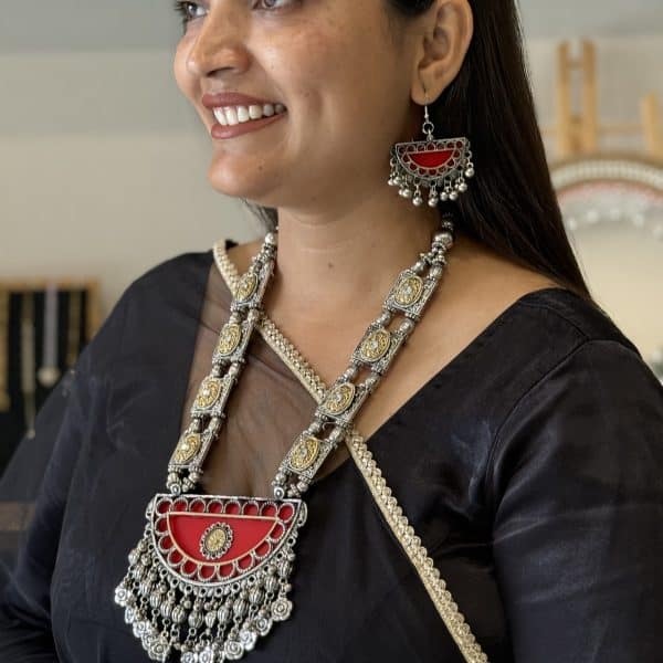 Premium Red Afghani Oxidised Silver Long Necklace Set with Statement Pendant Earrings