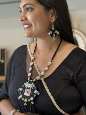 Multicolor Tribal Oxidised Silver Mirror Pendant Necklace Set with Earrings for Women