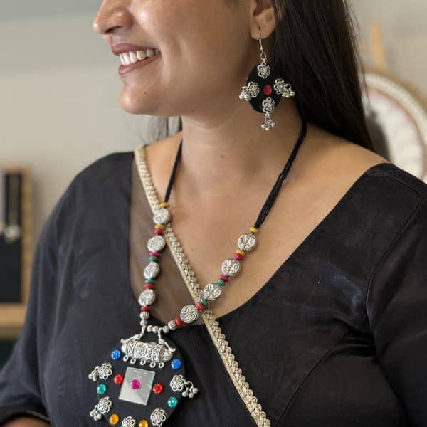 Multicolor Tribal Oxidised Silver Mirror Pendant Necklace Set with Earrings for Women