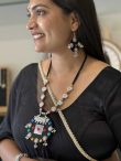 Multicolor Tribal Oxidised Silver Mirror Pendant Necklace Set with Earrings for Women