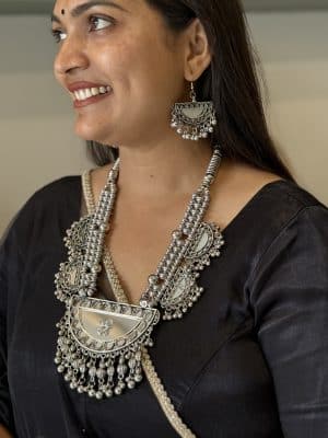 Premium Afghani Oxidised Silver Mirror Statement Necklace Set with Earrings for Women