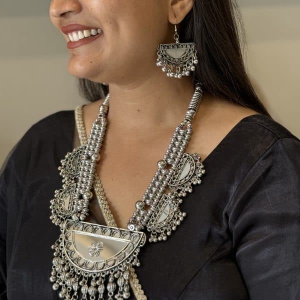Premium Afghani Oxidised Silver Mirror Statement Necklace Set with Earrings for Women
