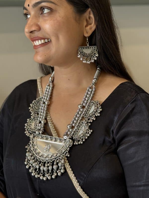 Premium Afghani Oxidised Silver Mirror Statement Necklace Set with Earrings for Women