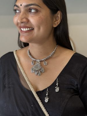 Oxidised Silver Floral Pendant Choker Necklace Set with Earrings
