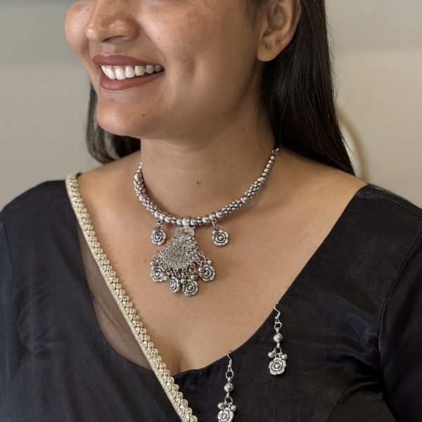 Oxidised Silver Floral Pendant Choker Necklace Set with Earrings