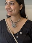Oxidised Silver Floral Pendant Choker Necklace Set with Earrings