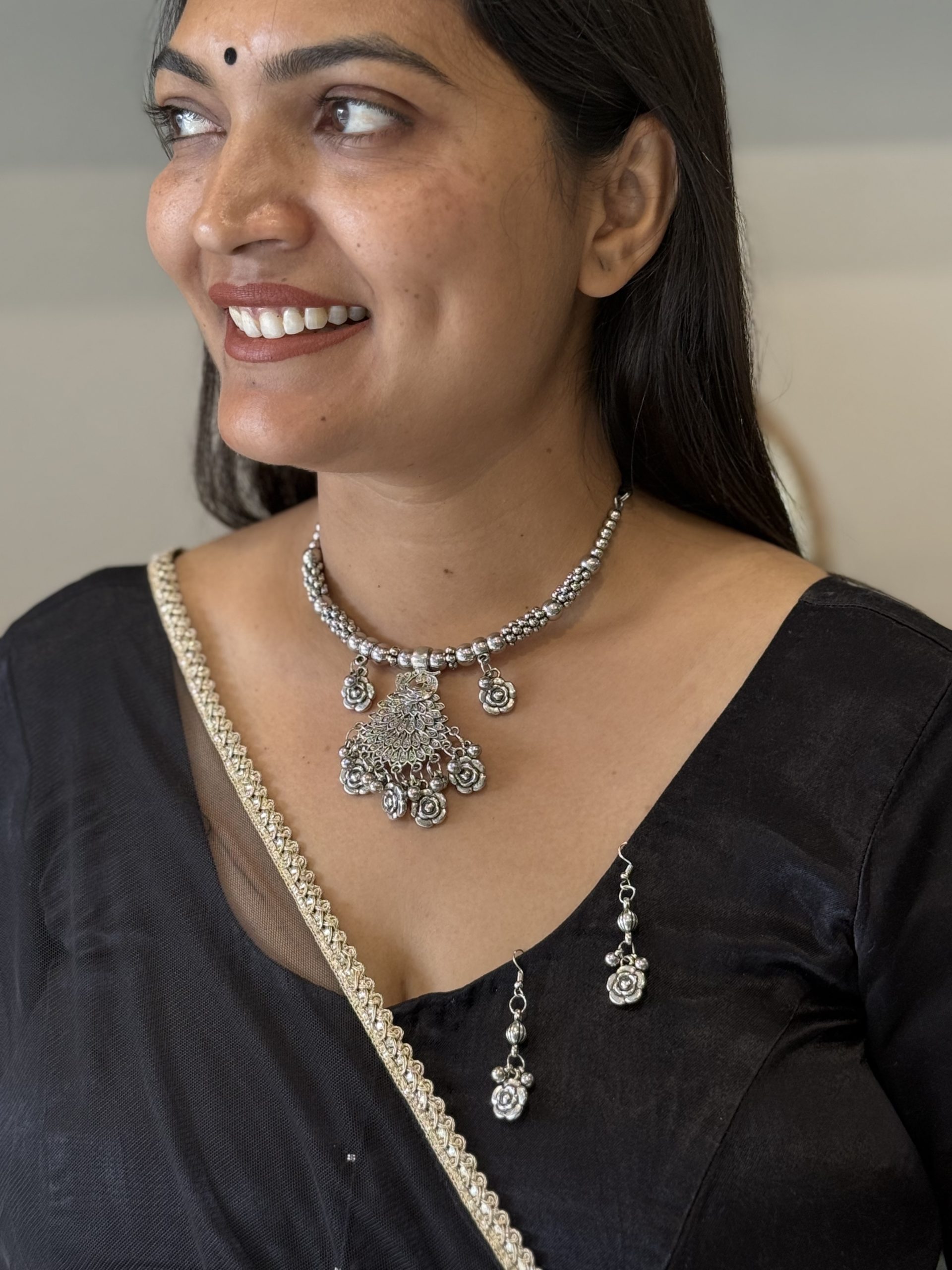 Oxidised Silver Floral Pendant Choker Necklace Set with Earrings