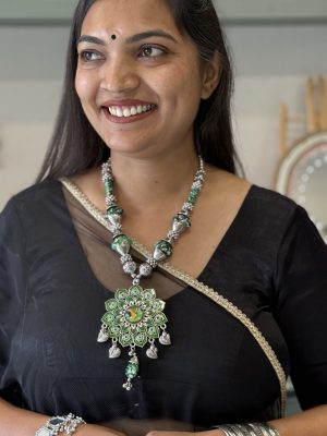Green Meenakari Floral Statement Pendant Necklace – Oxidised Silver Jewellery